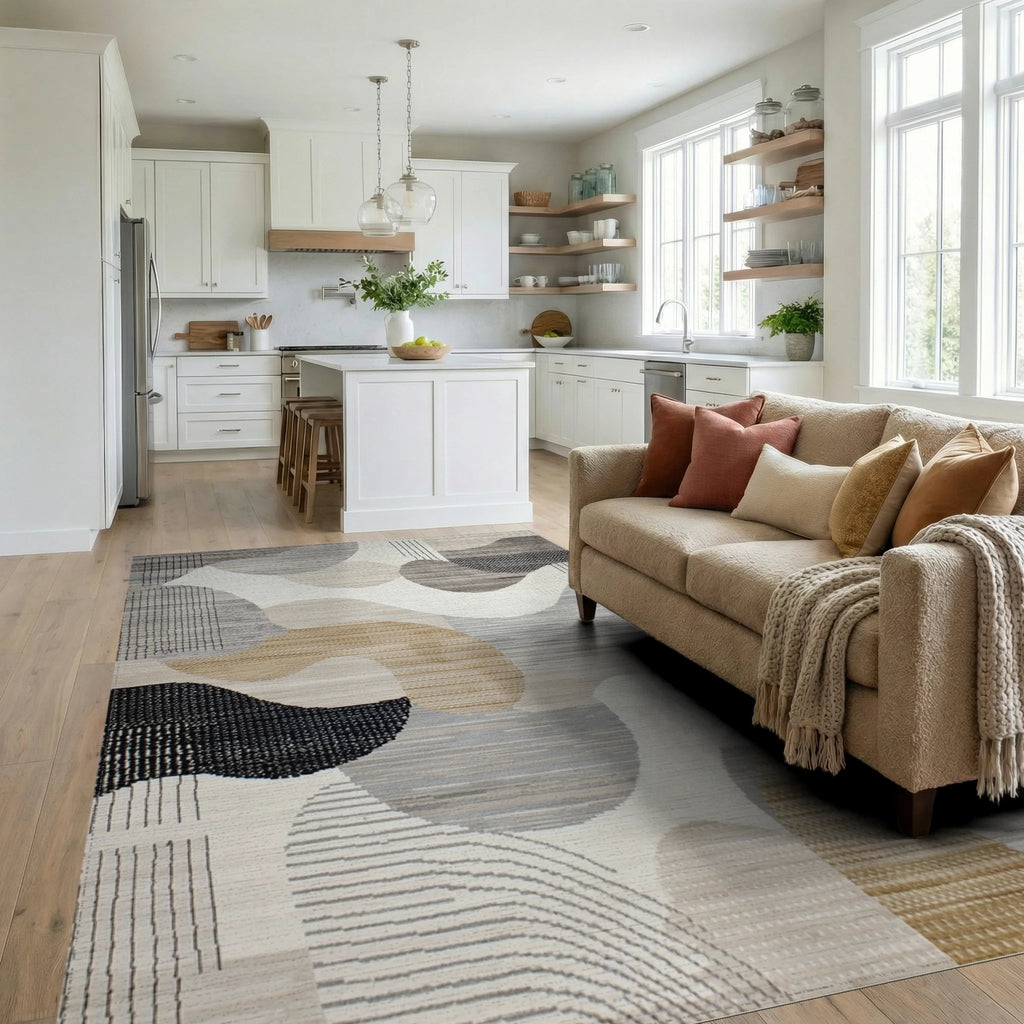 Abstract Neutral Organic Shapes Rug - Living Room View