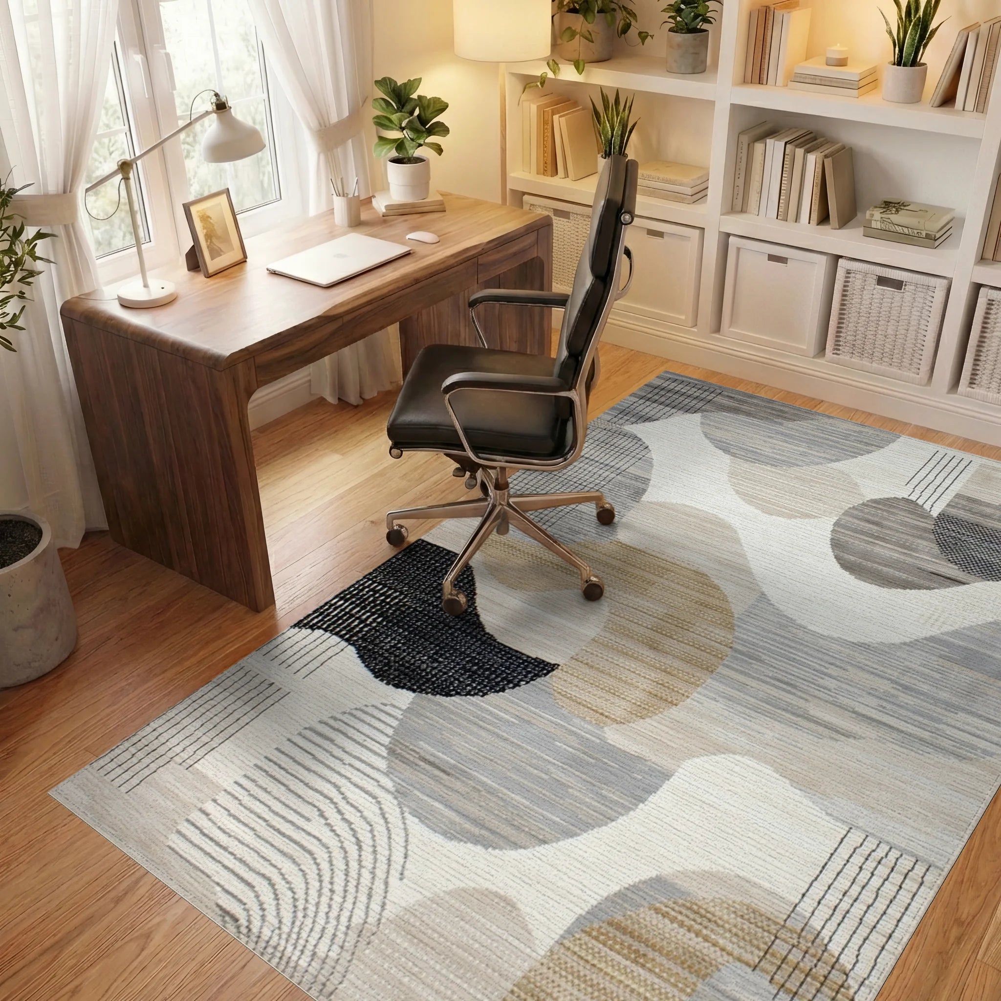 Abstract Neutral Organic Shapes Rug - Office View