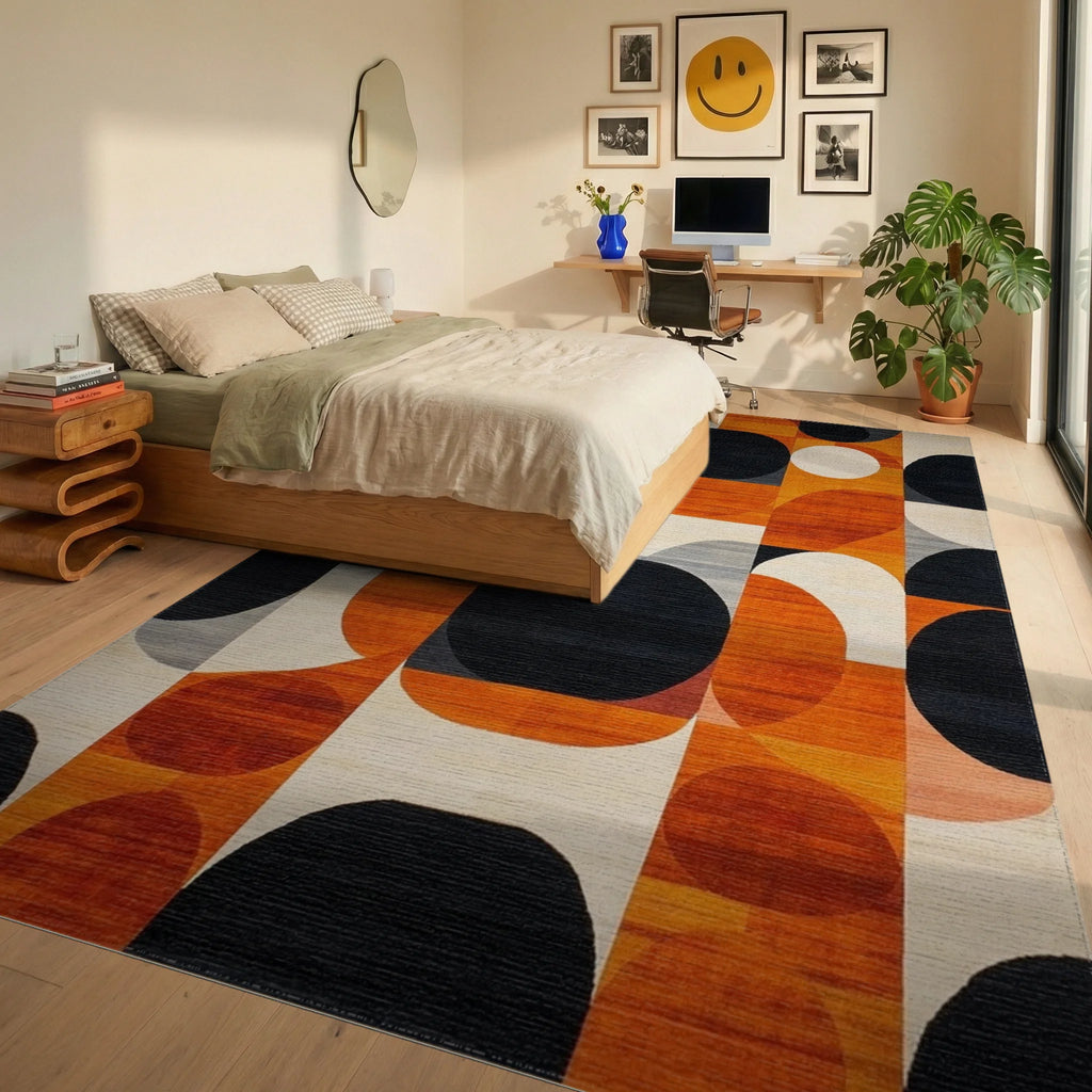 Abstract Orange Black Geometric Circles Rug - Bedroom View