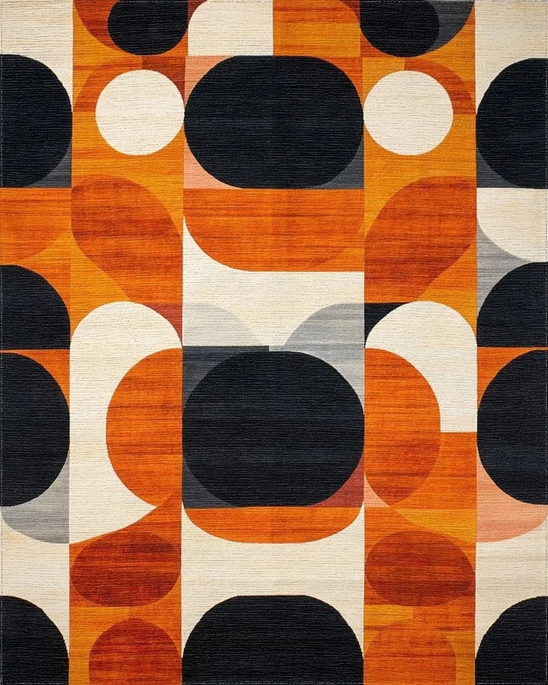 Abstract Orange Black Geometric Circles Rug - Cutout View