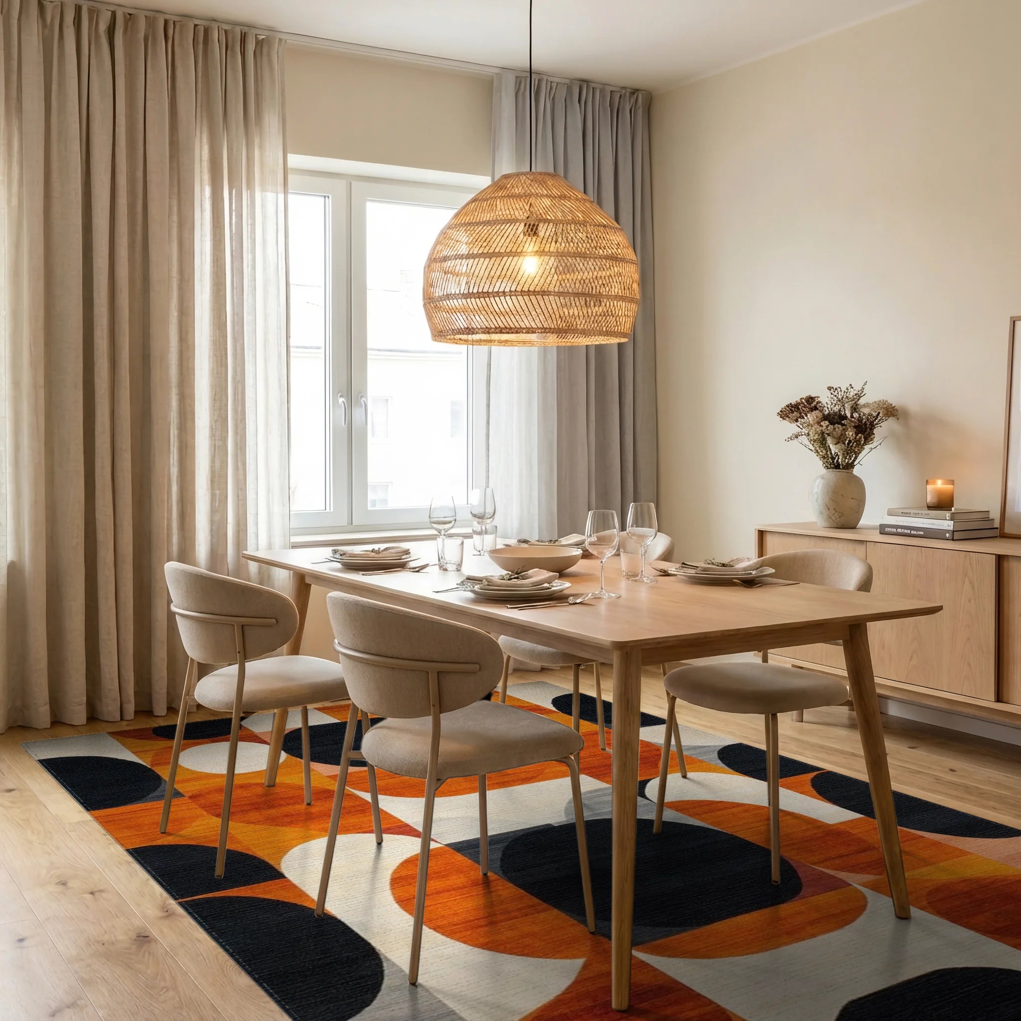 Abstract Orange Black Geometric Circles Rug - Dining Room View