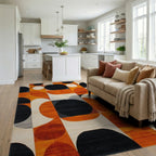 Abstract Orange Black Geometric Circles Rug - Living Room View