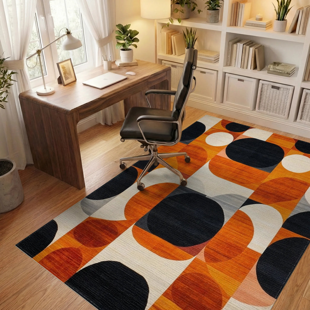 Abstract Orange Black Geometric Circles Rug - Office View