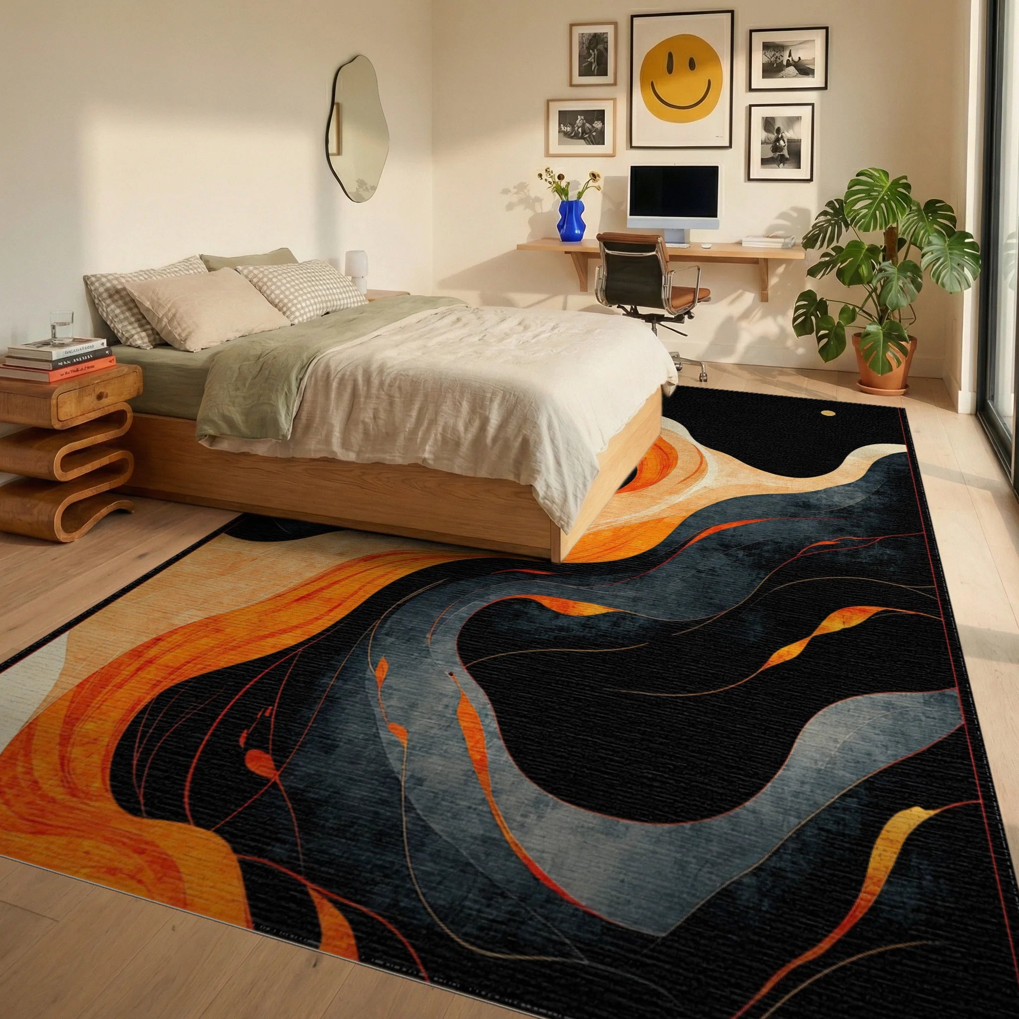 Abstract Orange Black Wavy Texture Rug - Bedroom View