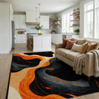 Abstract Orange Black Wavy Texture Rug - Living Room View
