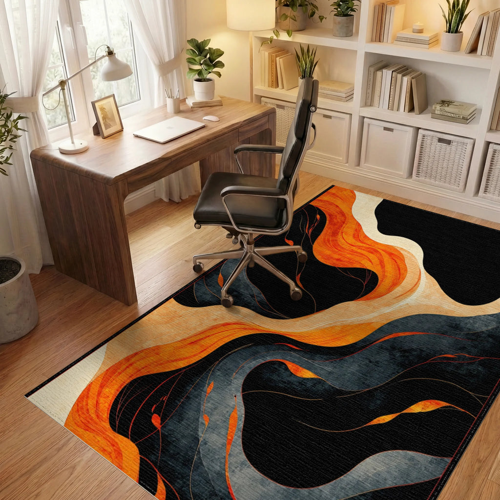 Abstract Orange Black Wavy Texture Rug - Office View