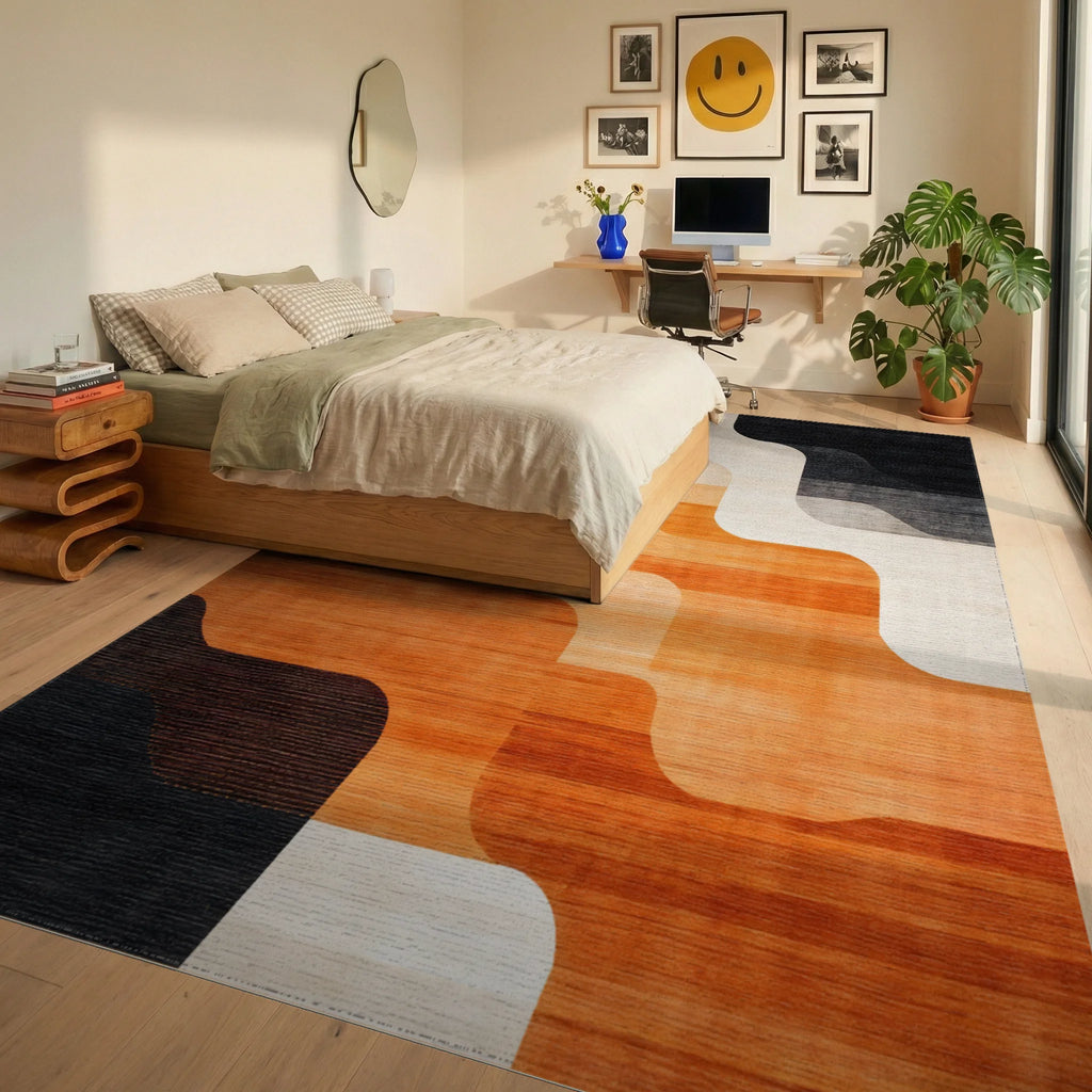 Abstract Orange Gradient Wave Rug - Bedroom View