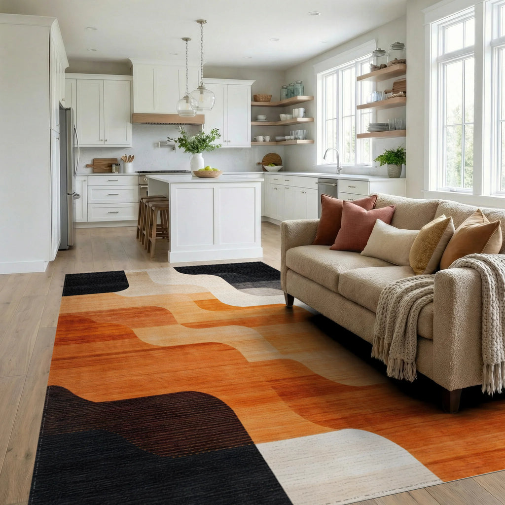 Abstract Orange Gradient Wave Rug - Living Room View