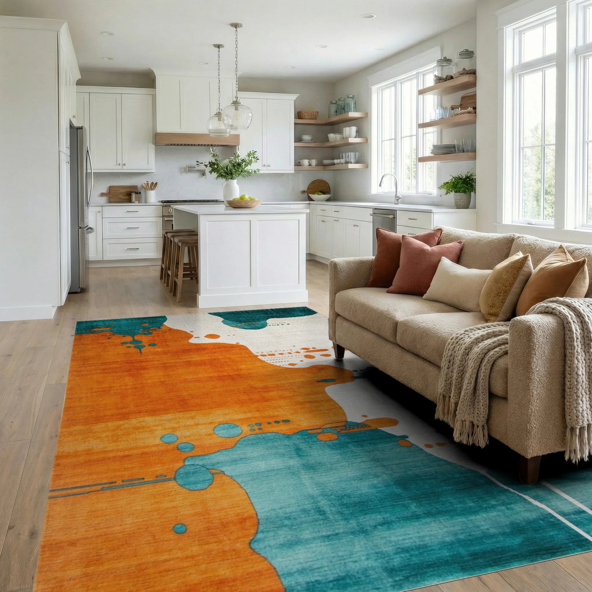 Abstract Orange Teal Splash Rug - Living Room View
