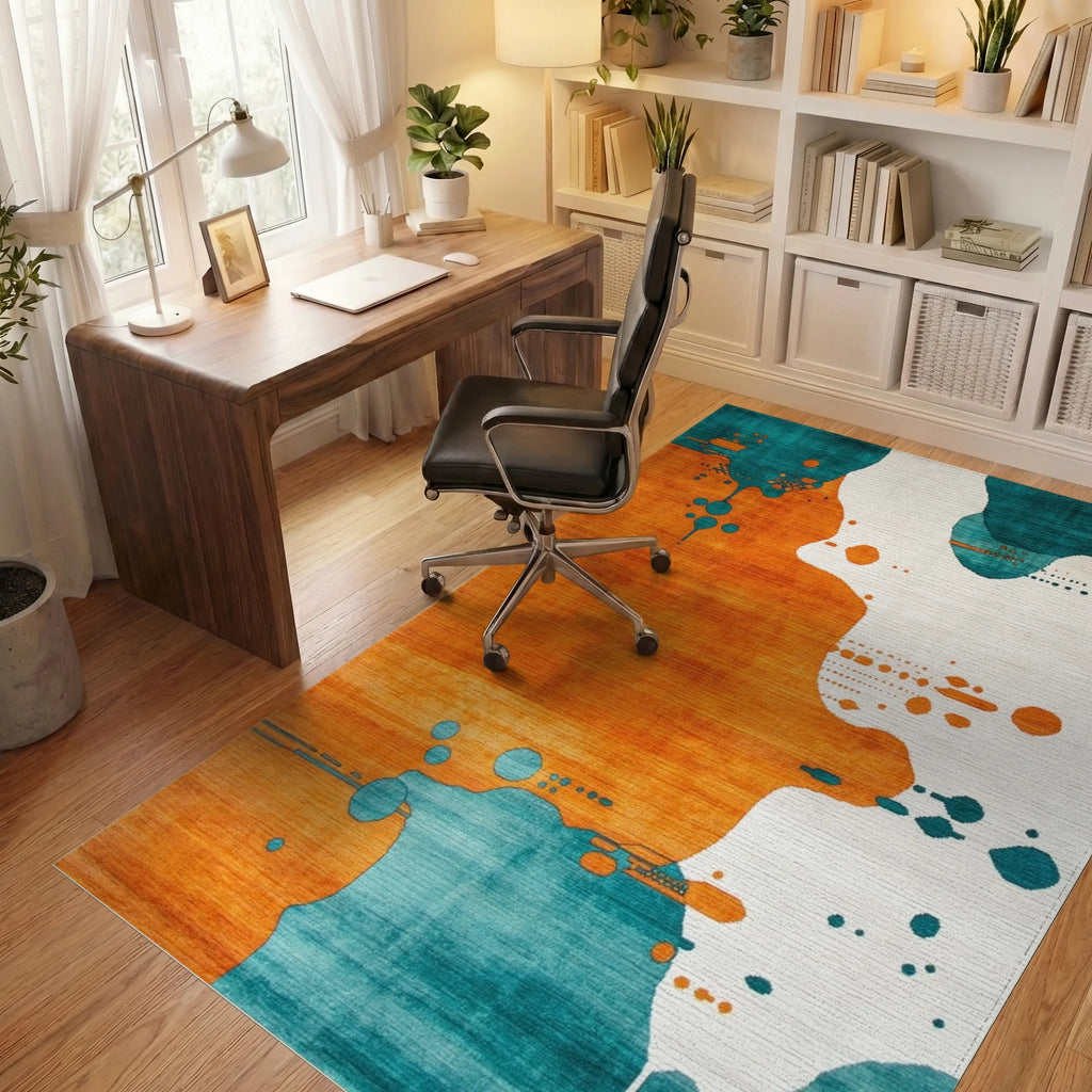 Abstract Orange Teal Splash Rug - Office View