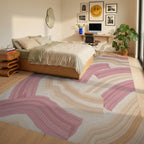 Abstract Pink Cream Brushstroke Rug - Bedroom View