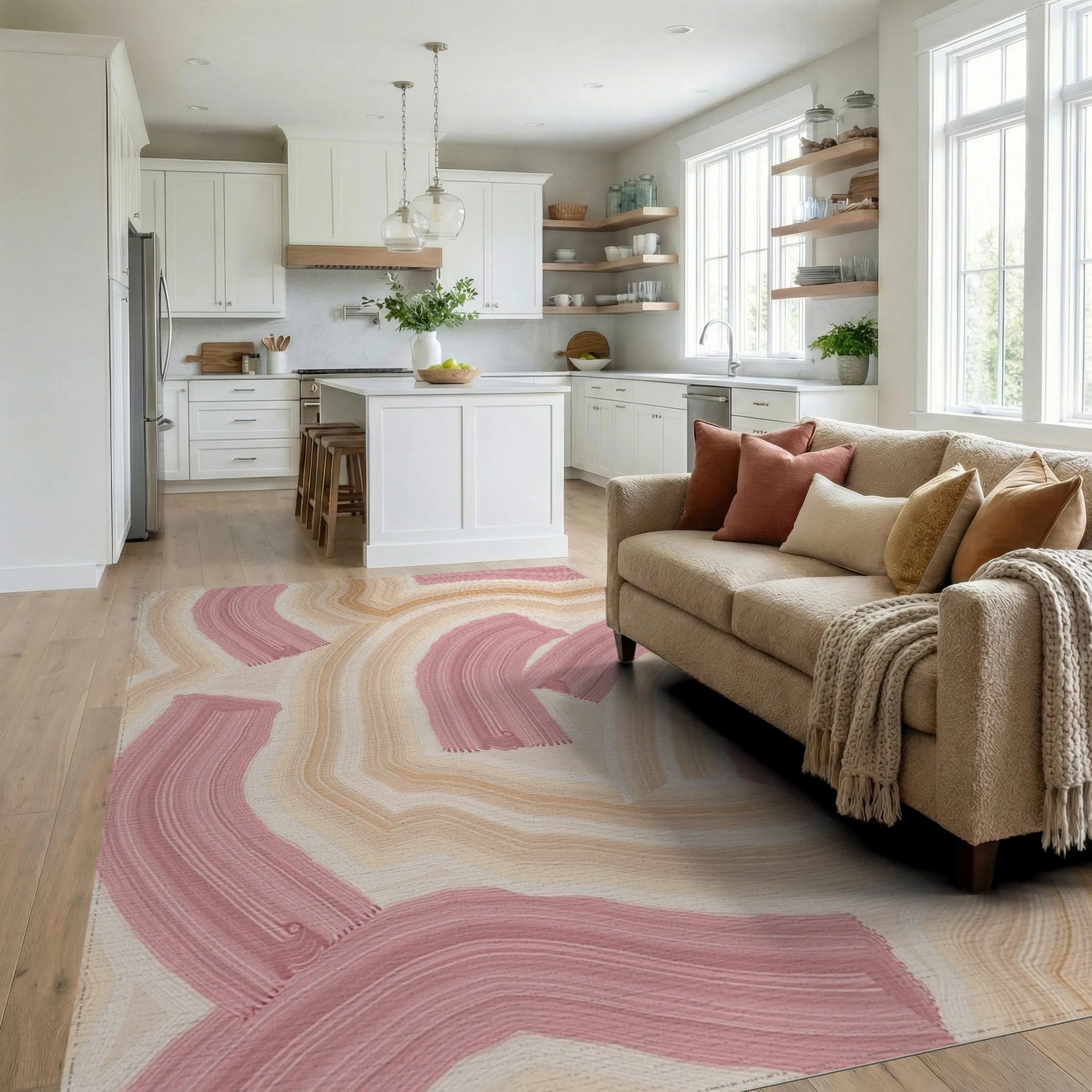 Abstract Pink Cream Brushstroke Rug - Living Room View