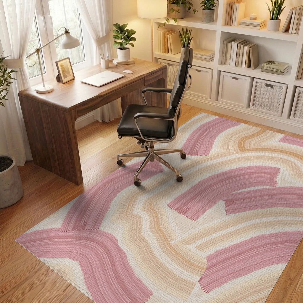 Abstract Pink Cream Brushstroke Rug - Office View