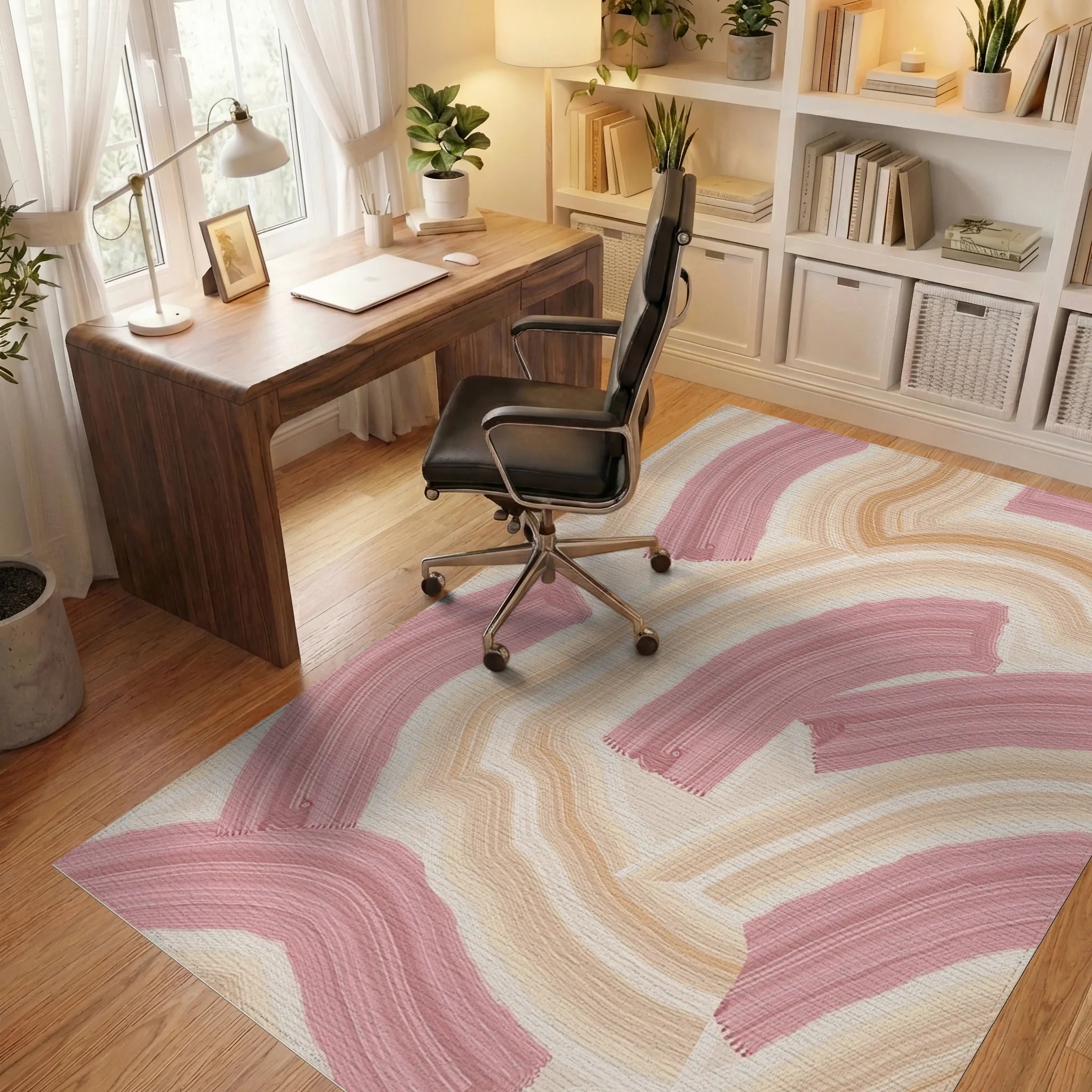 Abstract Pink Cream Brushstroke Rug - Office View