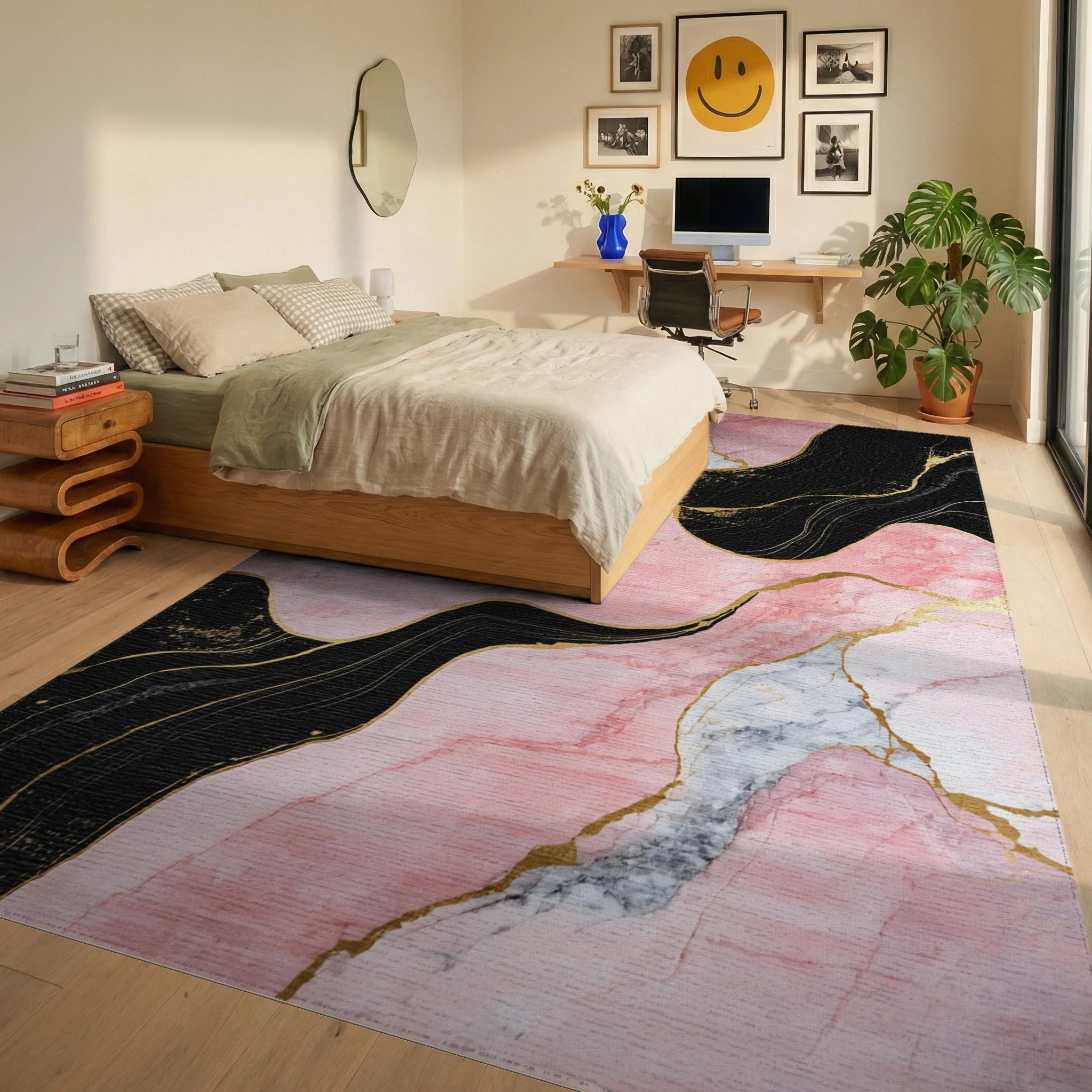 Abstract Pink Gold Marble Wave Rug - Bedroom View