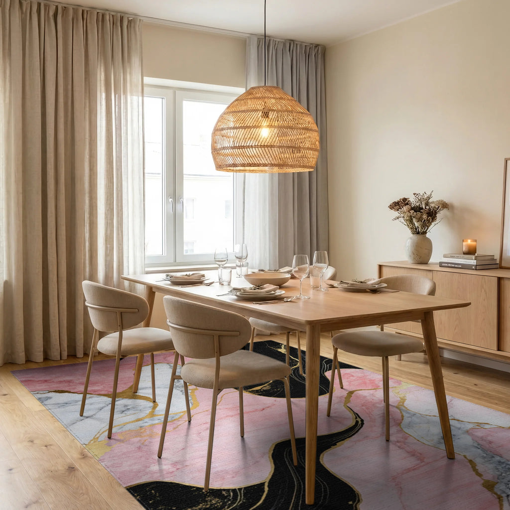 Abstract Pink Gold Marble Wave Rug - Dining Room View