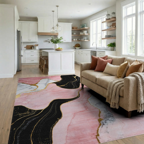Abstract Pink Gold Marble Wave Rug - Living Room View