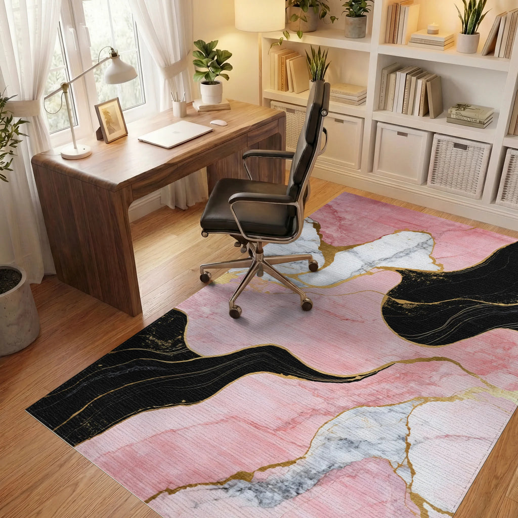 Abstract Pink Gold Marble Wave Rug - Office View