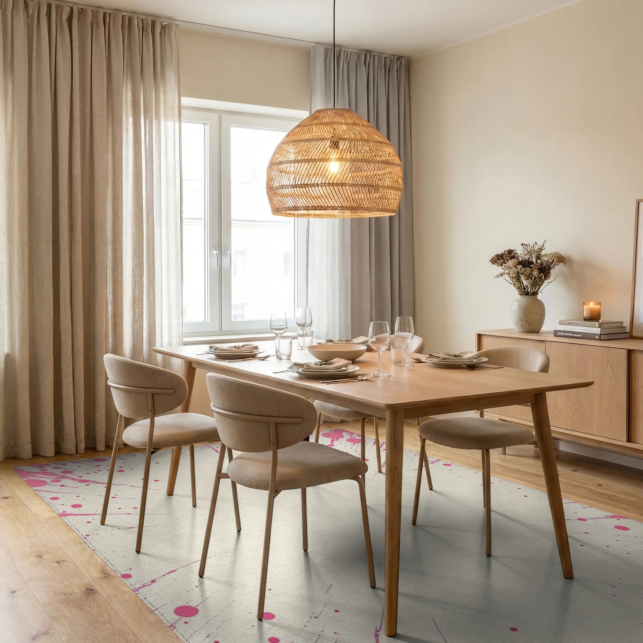 Abstract Pink Splatter Burst Rug Dining Room View