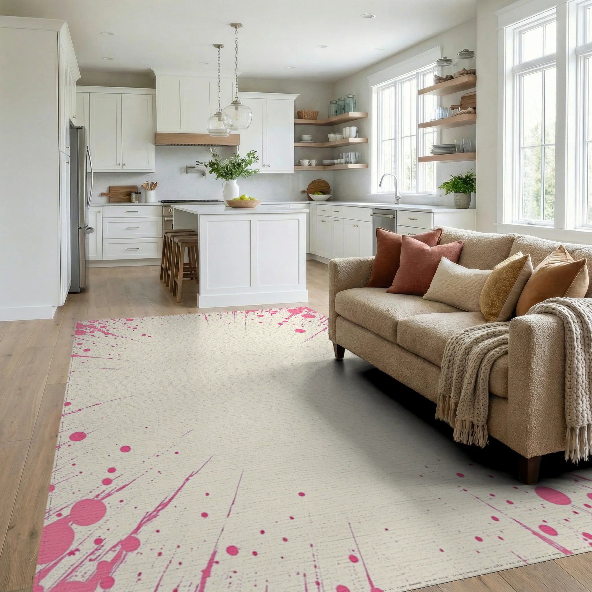 Abstract Pink Splatter Burst Rug Living Room View