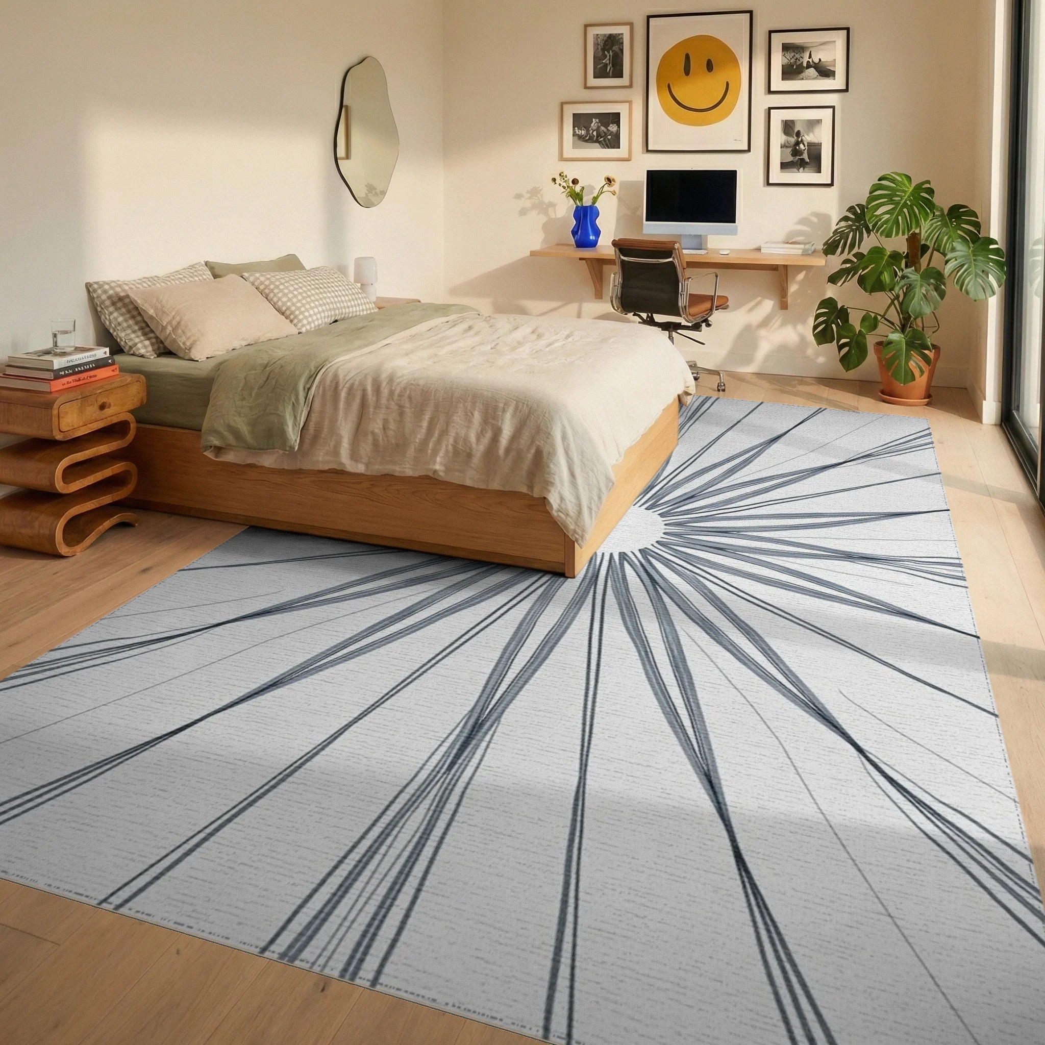Abstract Radial Graphite Drawing Rug - Bedroom View