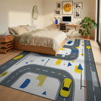 Abstract Road and Car Graphic Pattern Rug - Bedroom View