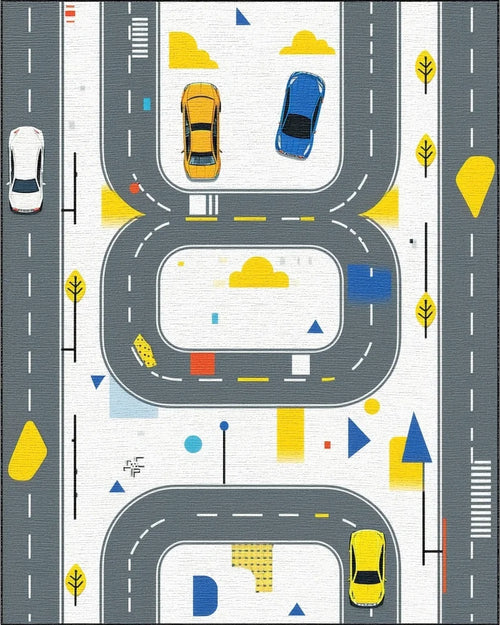 Abstract Road and Car Graphic Pattern Rug - Cutout View
