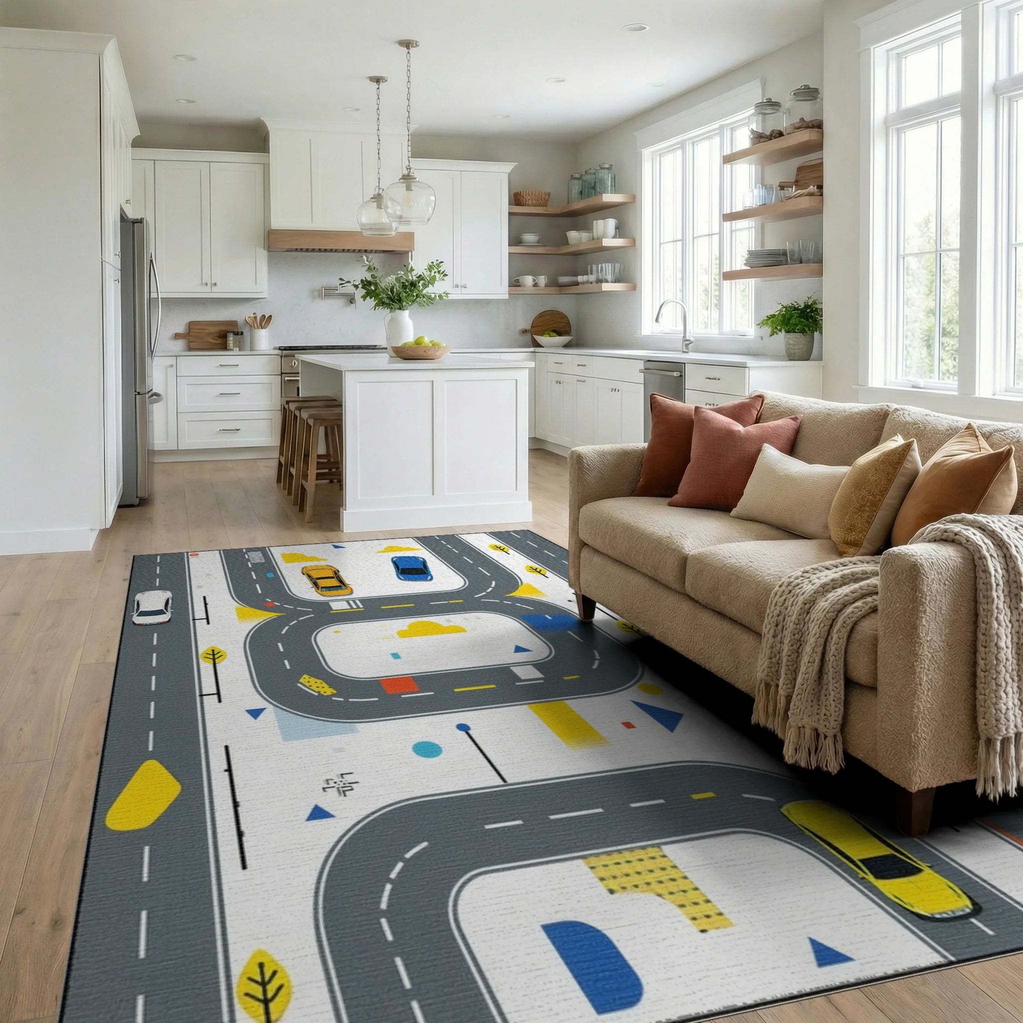 Abstract Road and Car Graphic Pattern Rug - Living Room View
