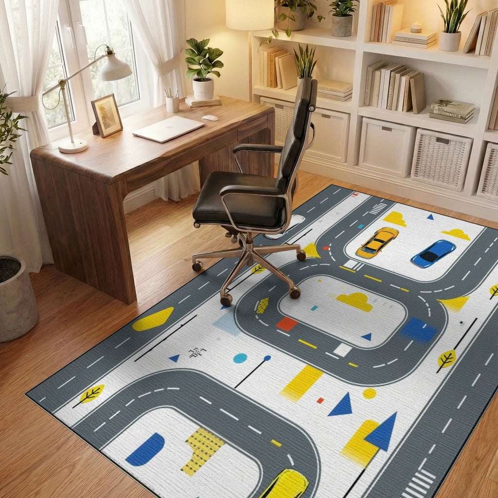 Abstract Road and Car Graphic Pattern Rug - Office View