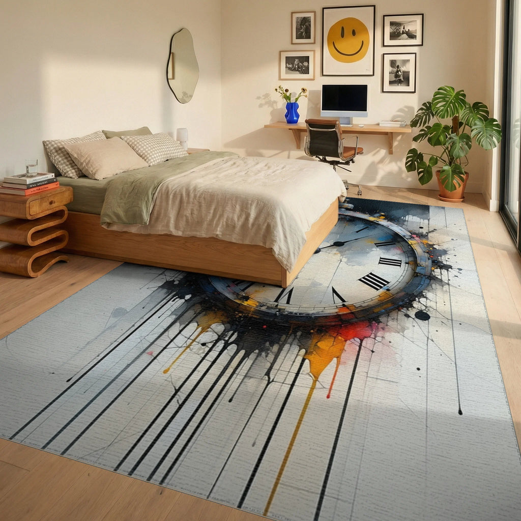 Abstract Splash Roman Clock Design Rug Bedroom View