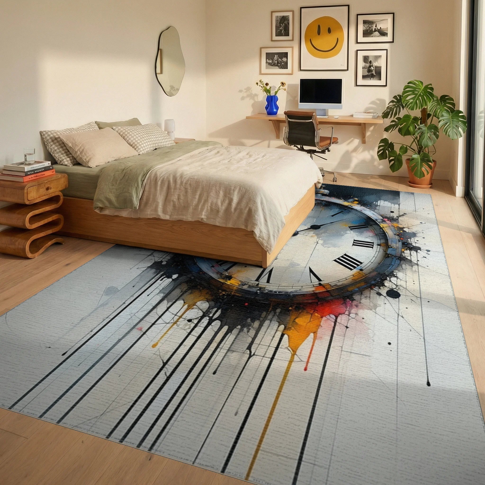 Abstract Splash Roman Clock Design Rug Bedroom View
