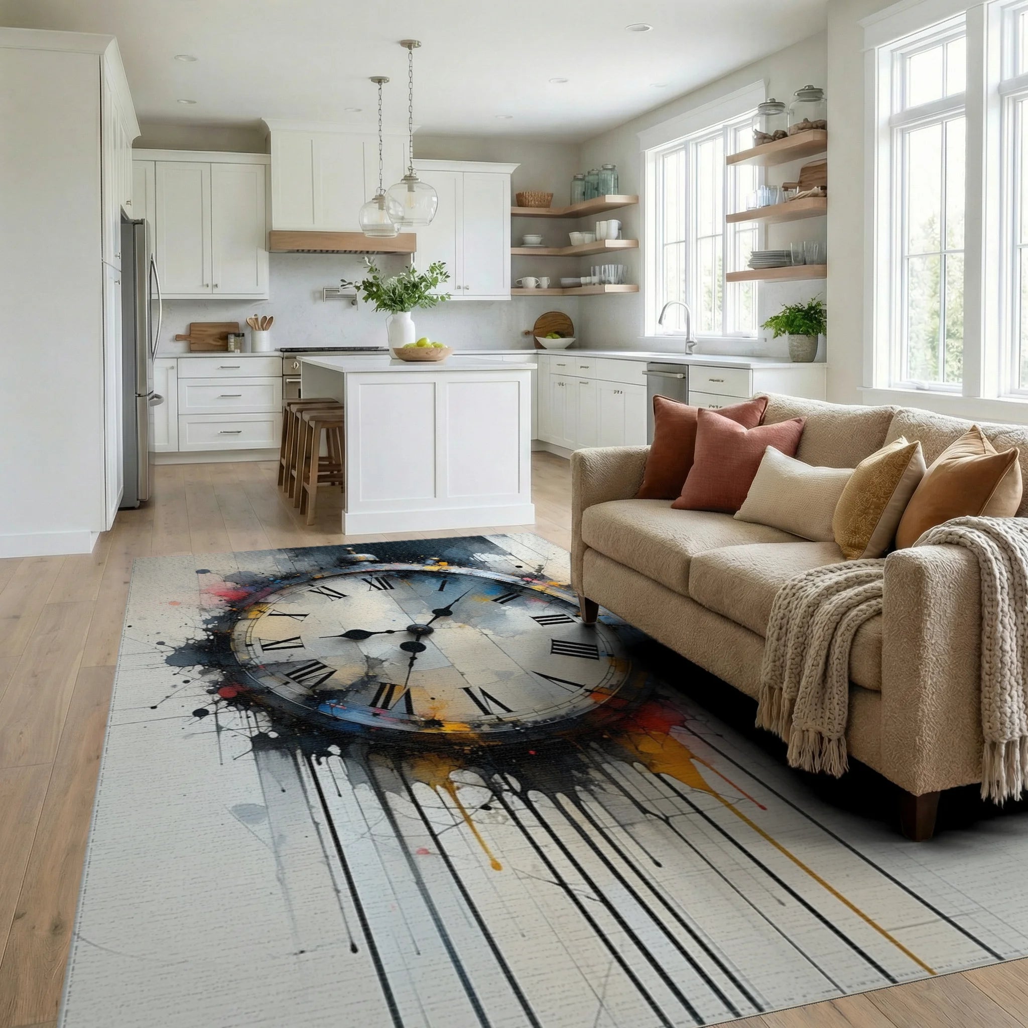 Abstract Splash Roman Clock Design Rug Living Room View