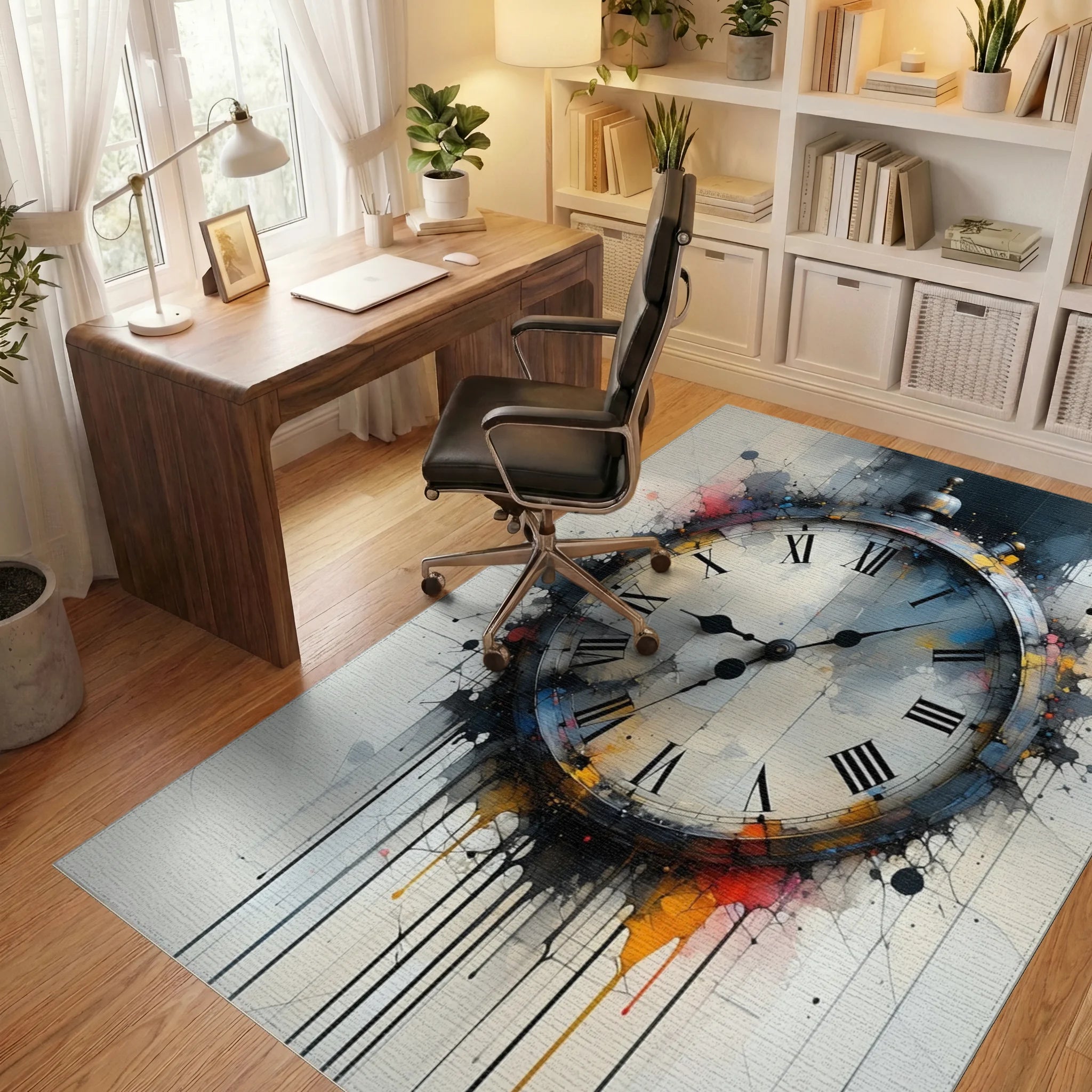 Abstract Splash Roman Clock Design Rug Office View