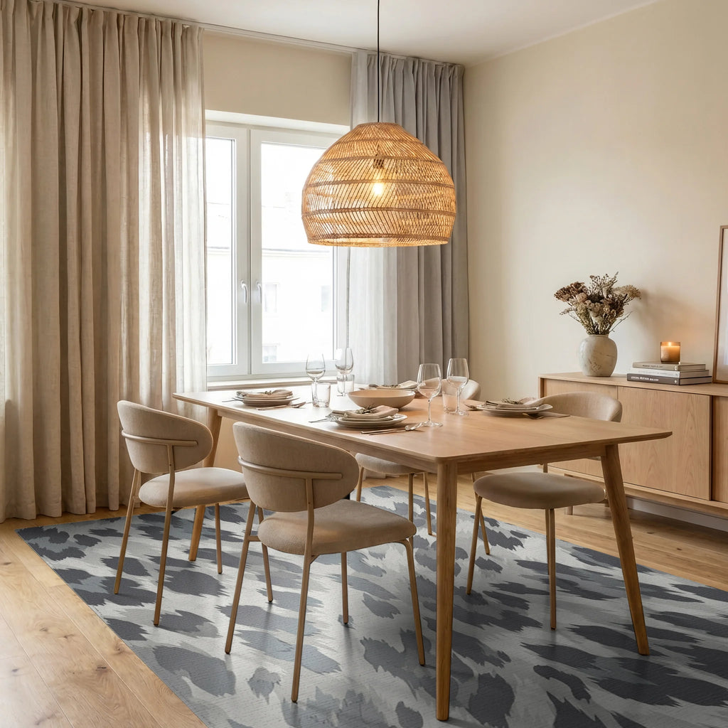 Abstract Spotted Gray White Rug Dining Room View