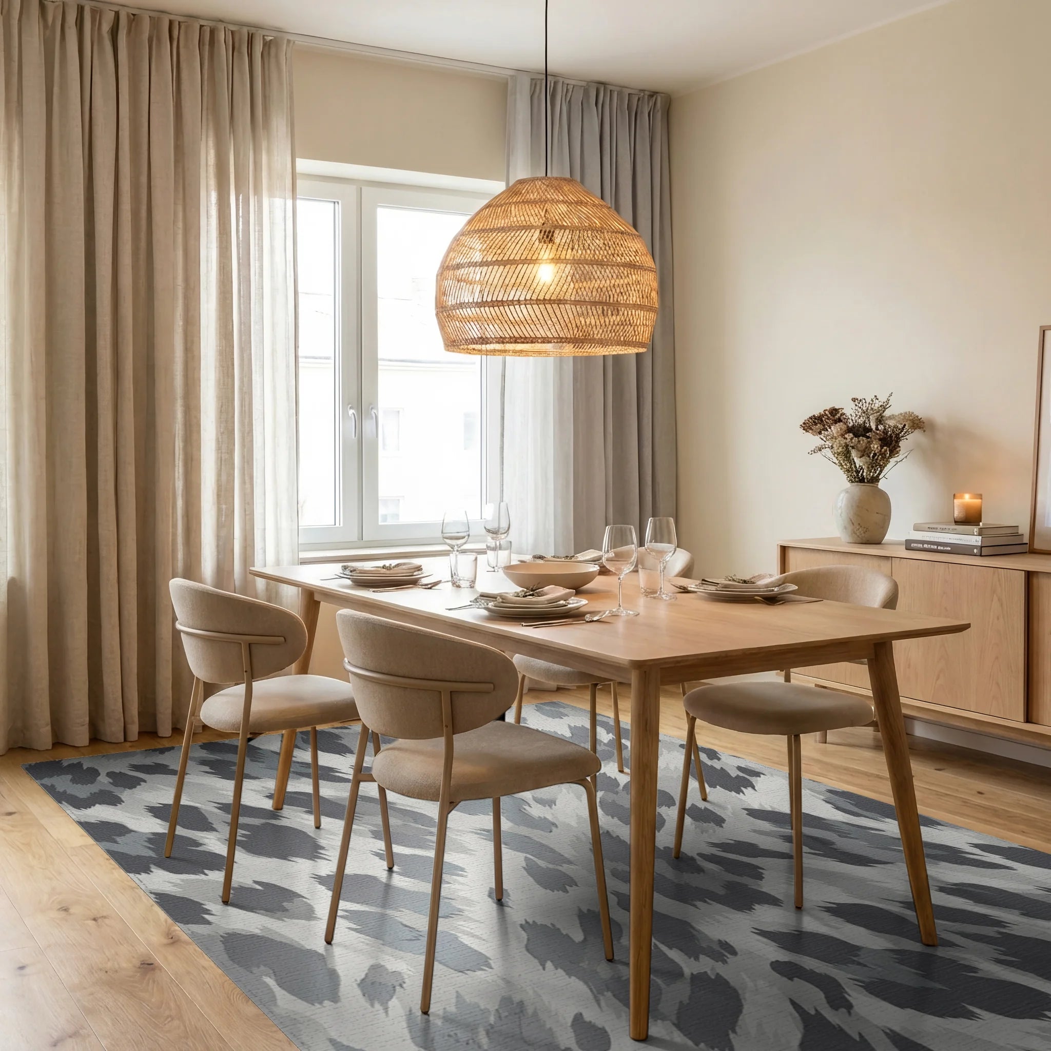Abstract Spotted Gray White Rug Dining Room View