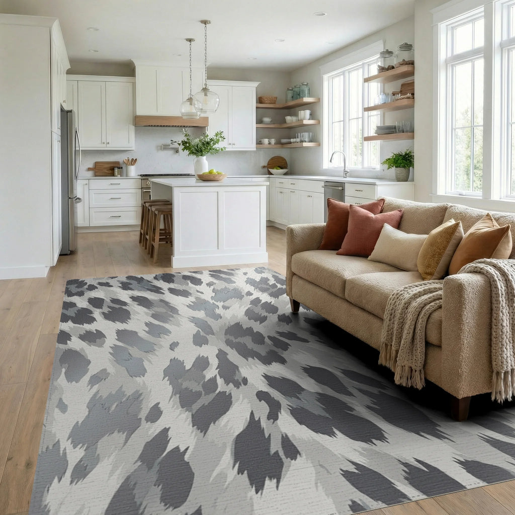 Abstract Spotted Gray White Rug Living Room View