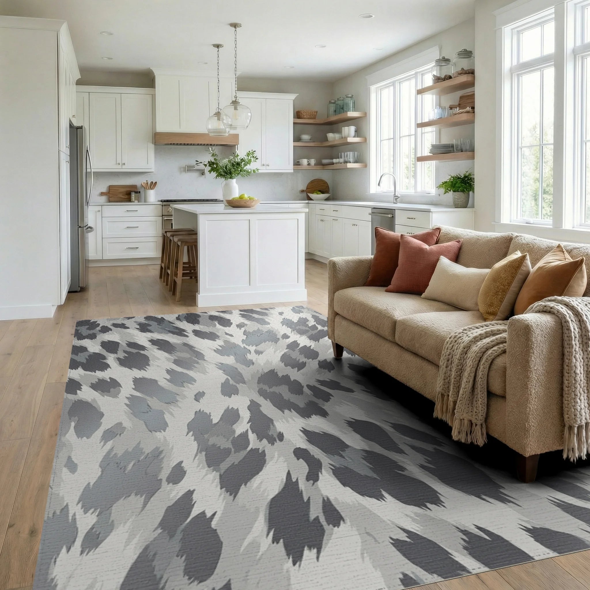 Abstract Spotted Gray White Rug Living Room View