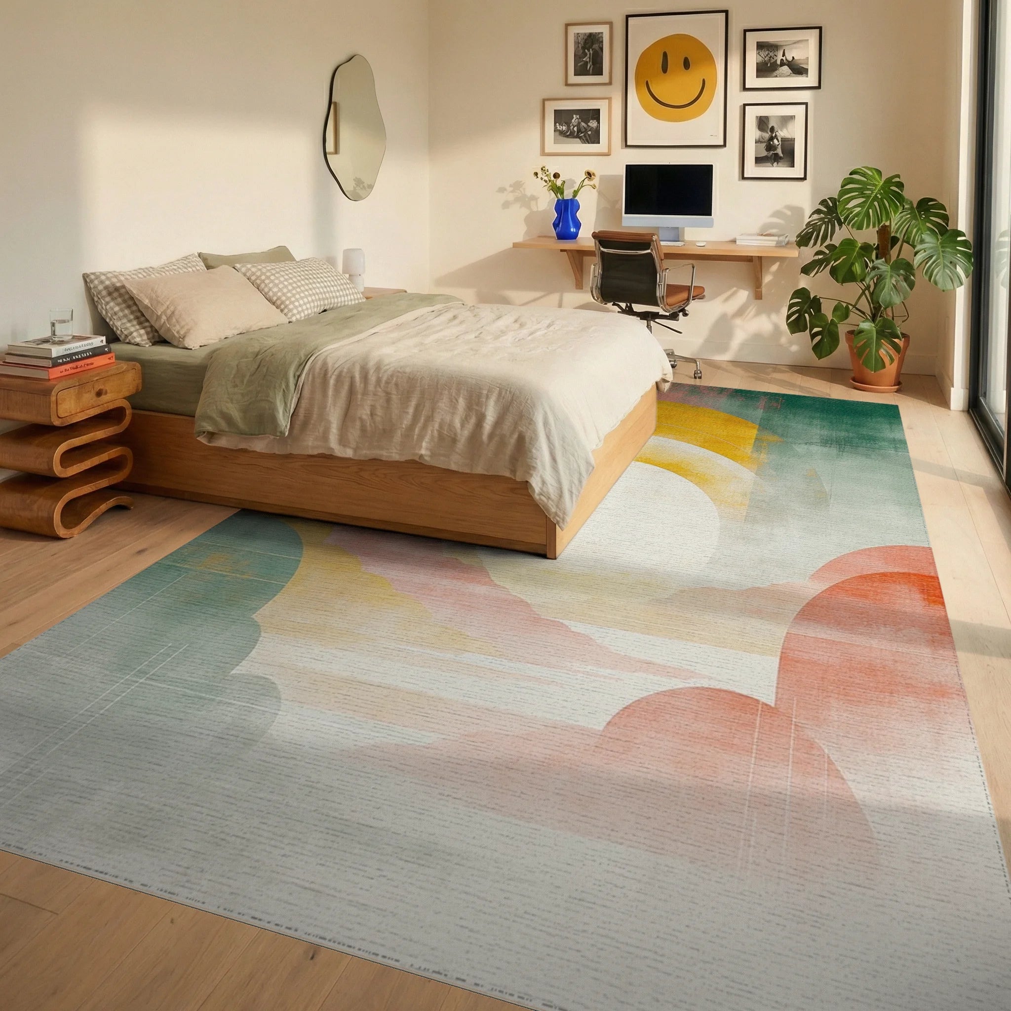 Abstract Sun Layers Warm Palette Rug - Bedroom View