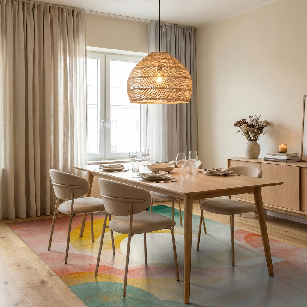 Abstract Sun Layers Warm Palette Rug - Dining Room View