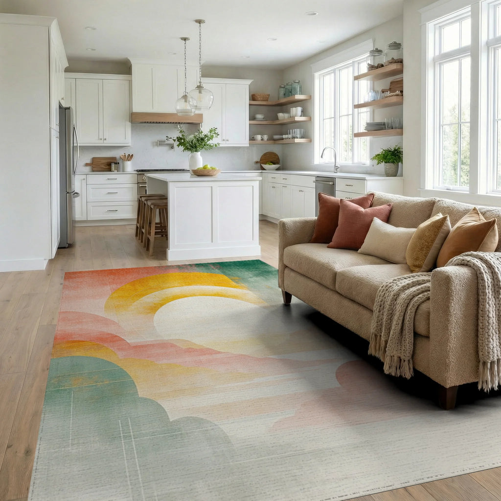 Abstract Sun Layers Warm Palette Rug - Living Room View