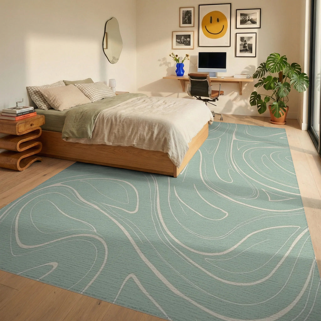 Abstract Swirl Light Green Pattern Rug Bedroom View