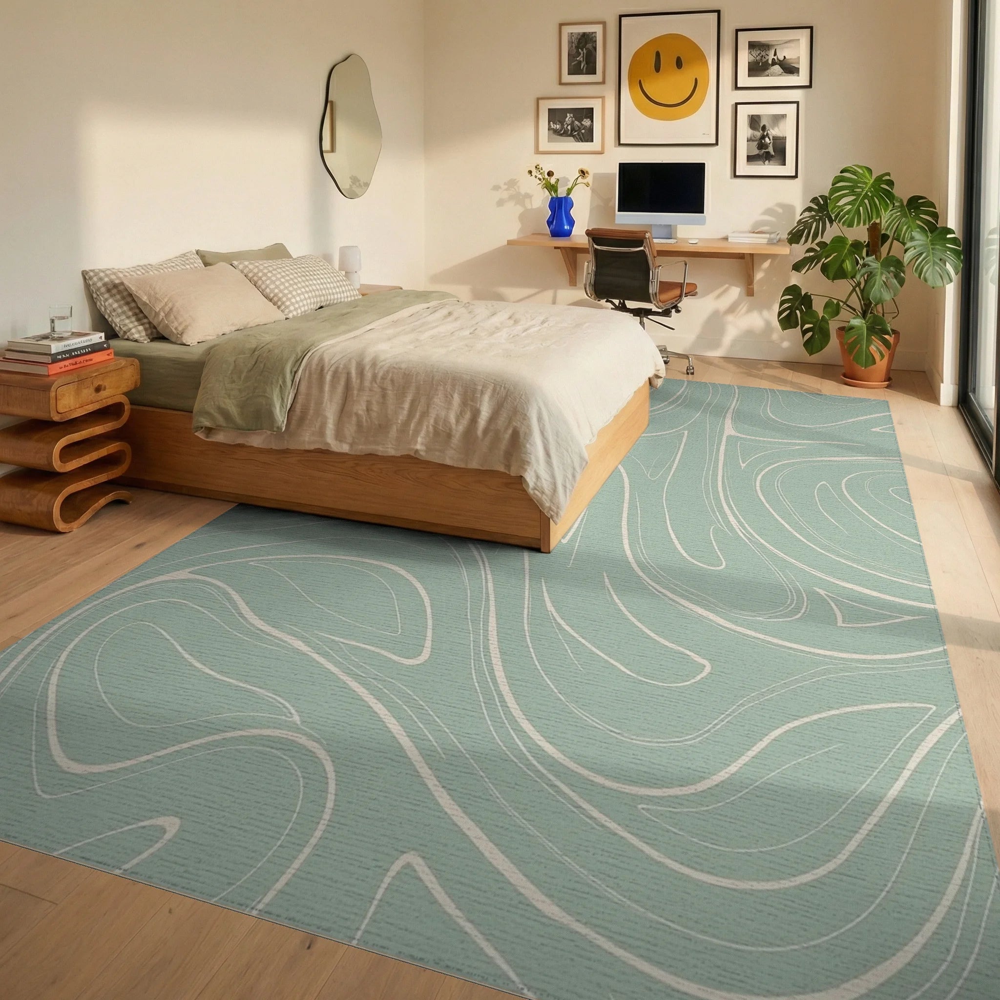 Abstract Swirl Light Green Pattern Rug Bedroom View