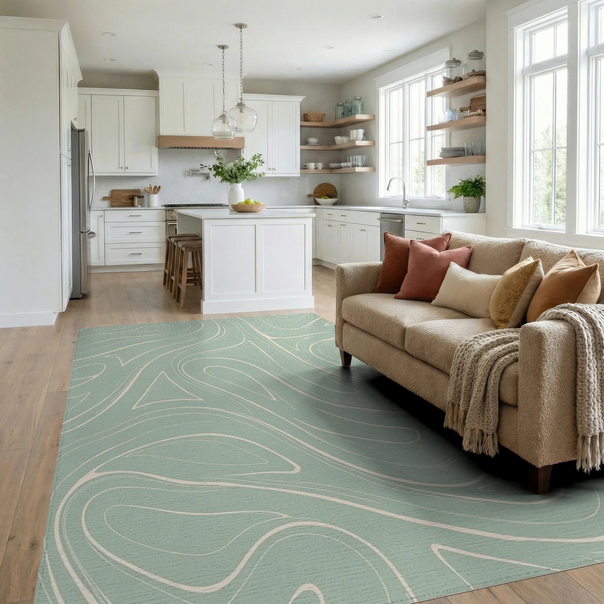 Abstract Swirl Light Green Pattern Rug Living Room View