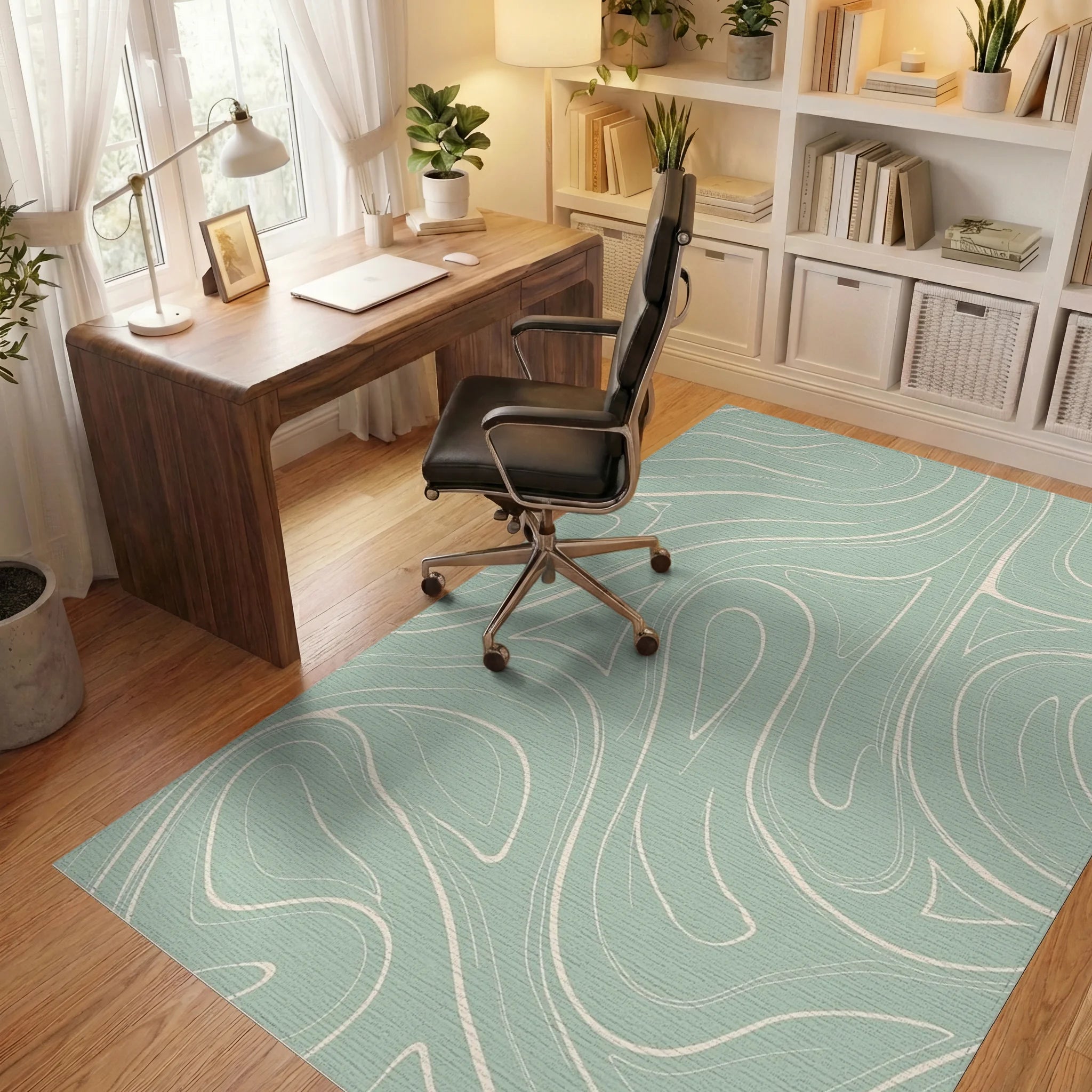 Abstract Swirl Light Green Pattern Rug Office View