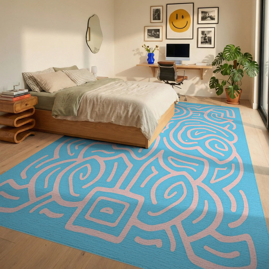 Abstract Swirl Pink Pattern Rug Bedroom View