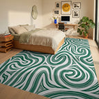 Abstract Swirling Green Pattern Design Rug Bedroom View