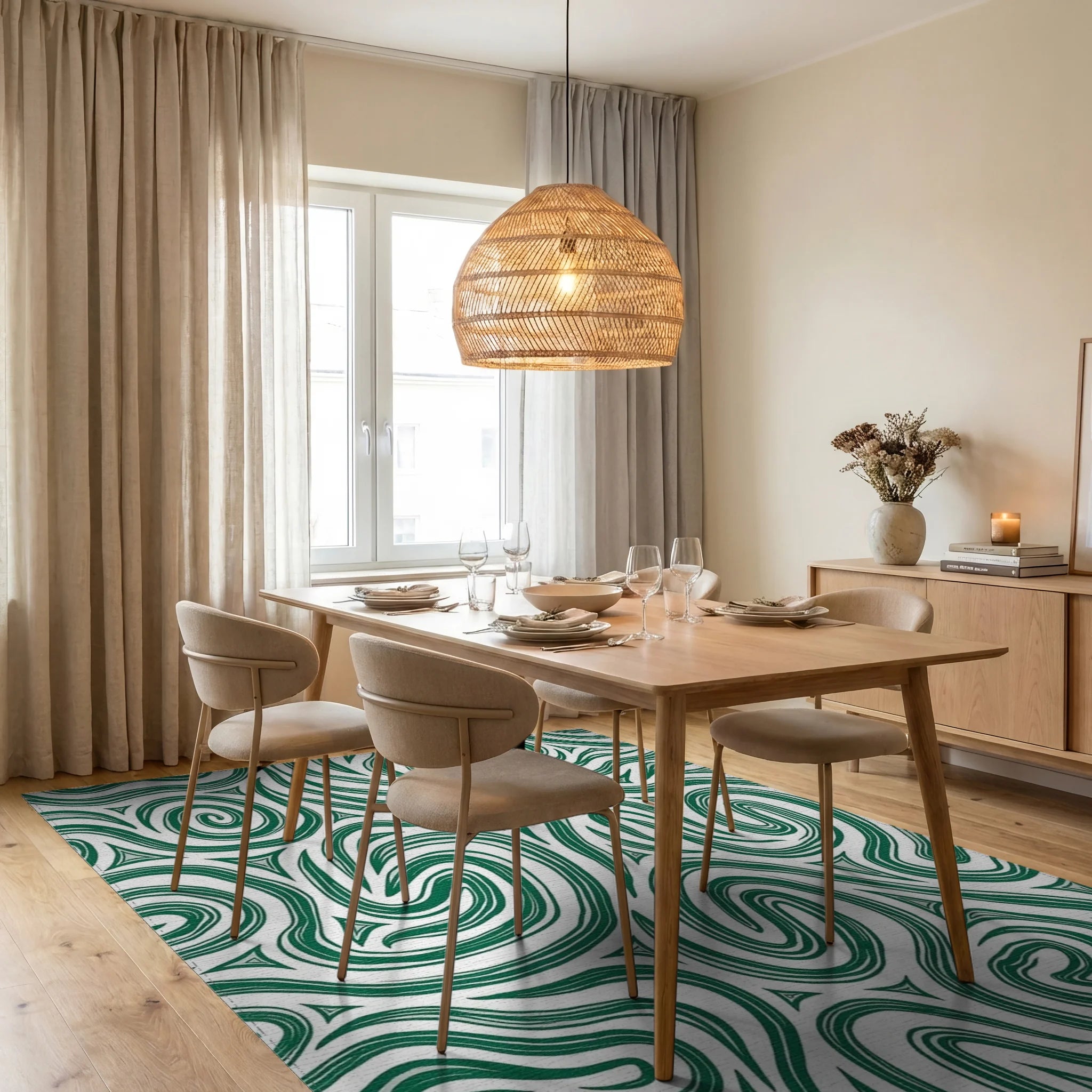 Abstract Swirling Green Pattern Design Rug Dining Room View