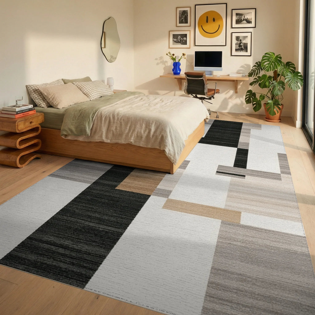 Abstract Tan Gray Black Blocks Rug - Bedroom View