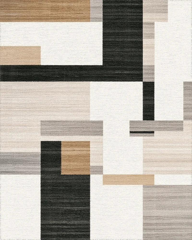 Abstract Tan Gray Black Blocks Rug - Cutout View