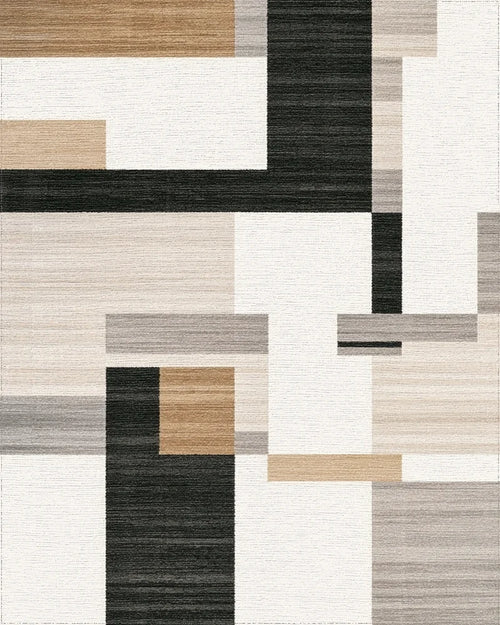 Abstract Tan Gray Black Blocks Rug - Cutout View
